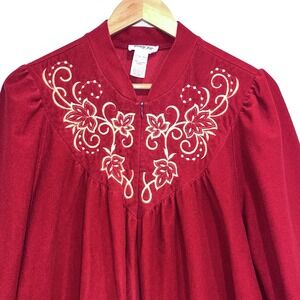 VTG Vanity Fair Red Velour Housecoat Robe Womens L Embroidered Zip Grannycore
